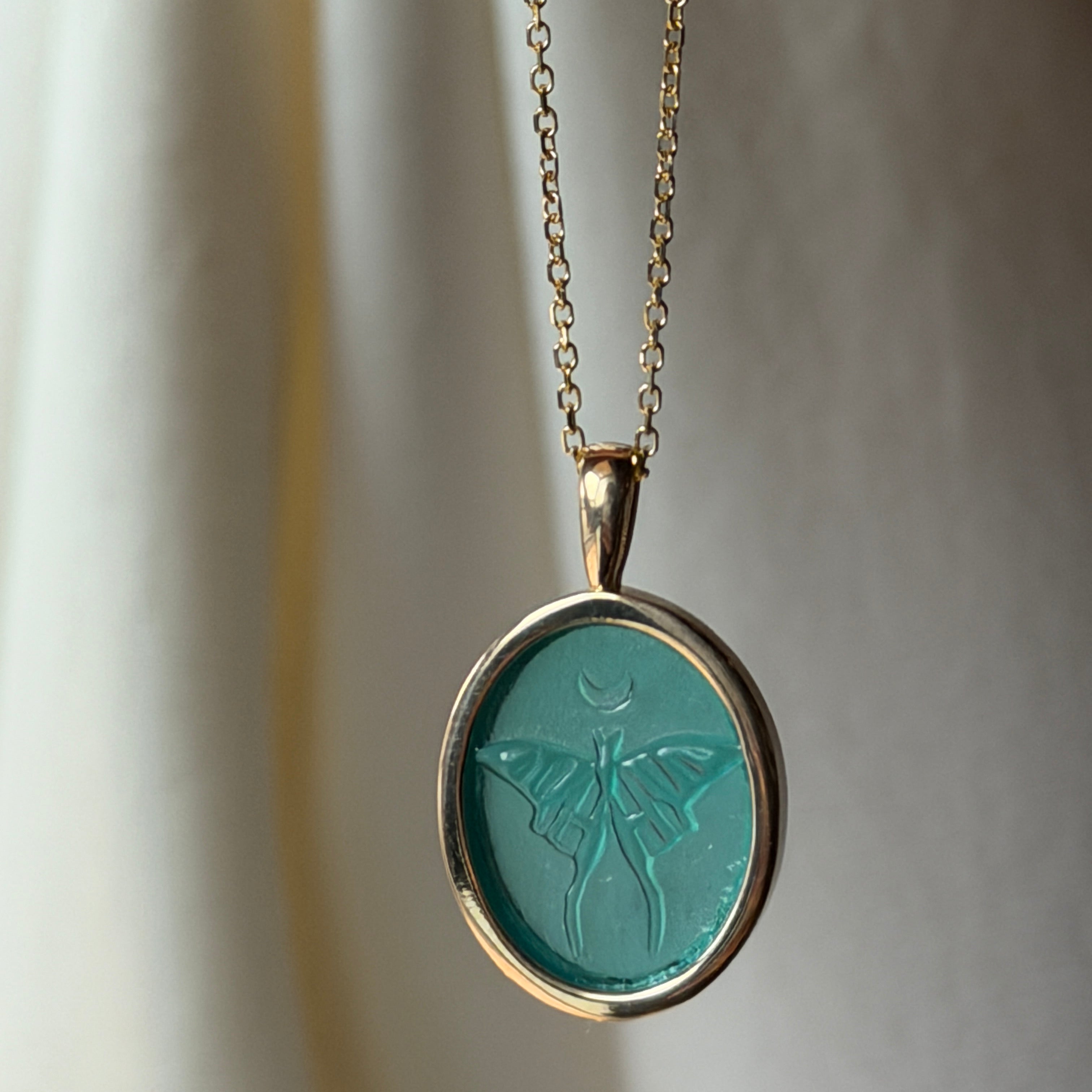 One of a Kind 14K Teal Luna Moth Intaglio Pendant